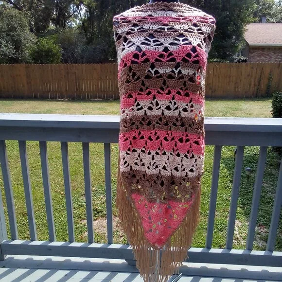 Handed Crafted Crochet Shawl, Color Tan, Cream and Coral, One size fit most. - Picture 4 of 6